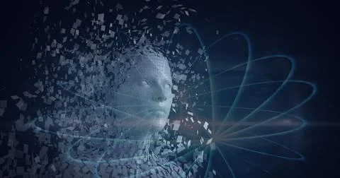 Composition of exploding human bust formed with particles over network of Illustrazione stock