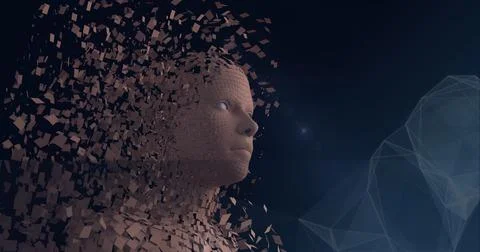Composition of exploding human bust formed with particles over network of イラスト素材