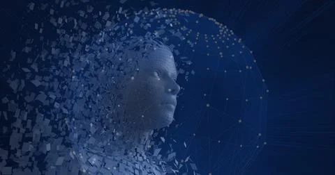 Composition of exploding human bust formed with particles over globe of network 스톡 일러스트