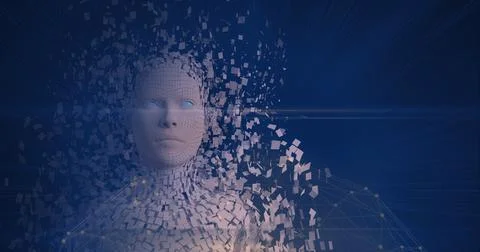 Composition of exploding human bust formed with particles and network of イラスト素材