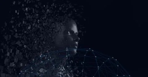 Composition of exploding human bust formed with particles and network of Illustrazione stock