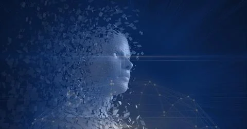 Composition of exploding human bust formed with particles and network of 스톡 일러스트