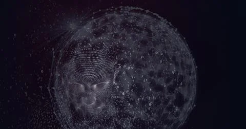 Composition of exploding human bust formed with particles and globe of network イラスト素材