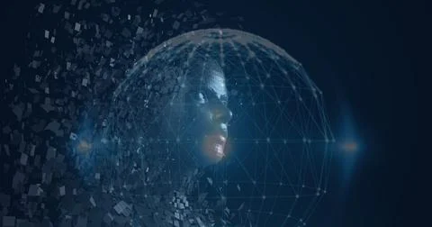 Composition of exploding human bust formed with particles and globe of network イラスト素材