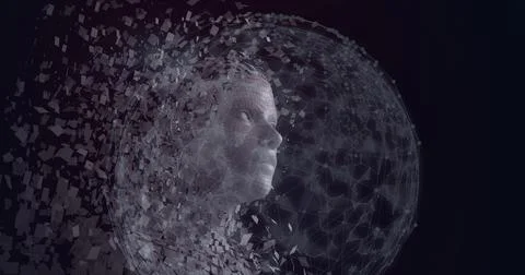 Composition of exploding human bust formed with particles and globe of network Illustrazione stock