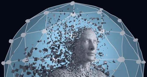 Composition of exploding human bust over globe of connections 스톡 일러스트