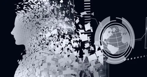 Composition of exploding human bust with over globe and data processing Illustrazione stock