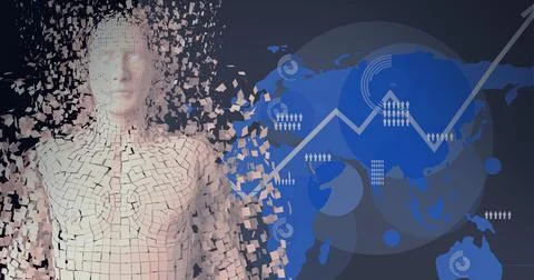 Composition of exploding human bust with over globe and data processing Illustrazione stock