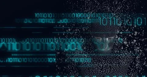 Composition of exploding human digital bust with binary coding processing Illustrazione stock