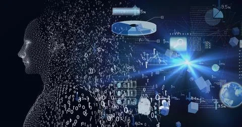 Composition of exploding human digital bust with binary coding processing and Stock Illustration