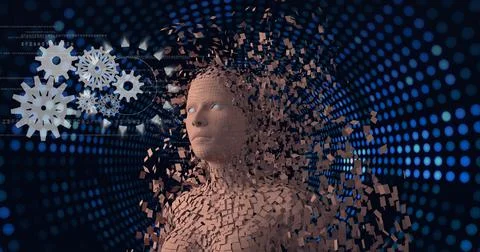 Composition of exploding human digital bust over cogs and rows of blue dots Illustrazione stock