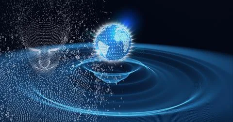 Composition of exploding human digital head with binary coding processing and Illustrazione stock