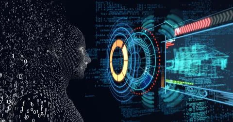 Composition of exploding human digital head with scopes scanning and data Illustrazione stock