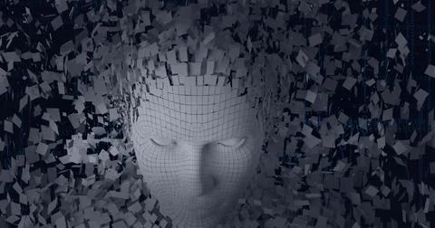 Composition of exploding human head formed with grey particles and data イラスト素材