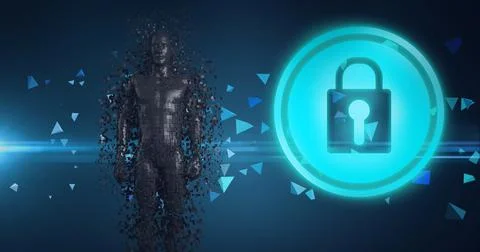 Composition of exploding metallic human body and online security padlock icon Stock Illustration