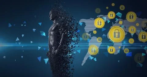 Composition of exploding metallic human body and online security padlock icons Stock Illustration