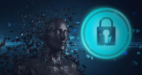 Composition of exploding metallic human bust and online security padlock icon Stock Illustration
