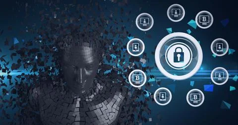 Composition of exploding metallic human bust and online security padlock and イラスト素材