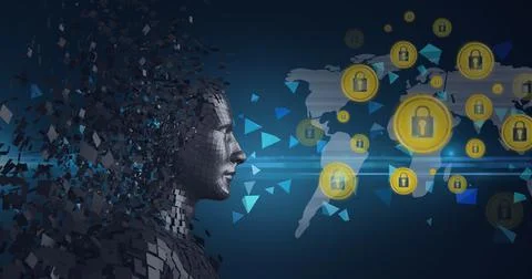 Composition of exploding metallic human bust and online security padlock icons Stock Illustration