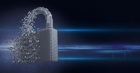 Composition of exploding online security padlock icon formed with grey particles Foto stock