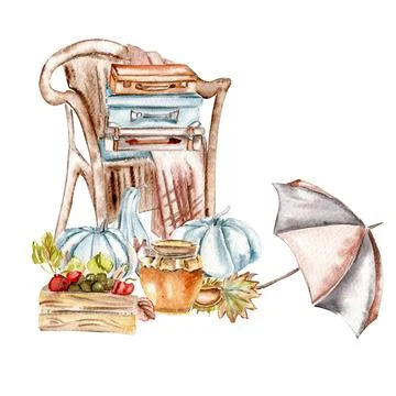 Composition of fall flowers, leaves,pumpkins, boots and berries. Hand drawn.. Stock-Illustration