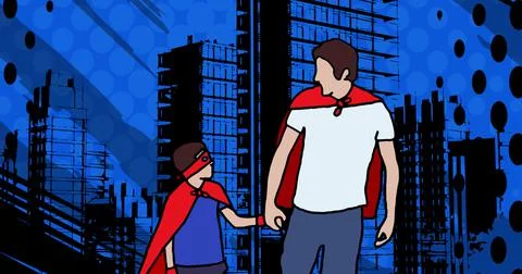 Composition of father and son over cityscape Ilustración de archivo