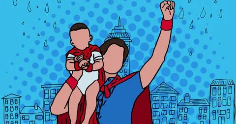 Composition of father and son over cityscape Ilustración de archivo