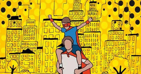 Composition of father and son over cityscape Ilustración de archivo