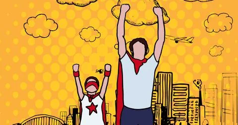 Composition of father and son over cityscape on yellow background Ilustración de archivo