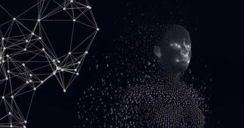 Composition of female bust formed with binary coding and network of connections 库存插图