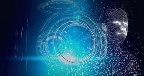 Composition of female bust formed with binary coding and scopes scanning on blue Stockillustratie