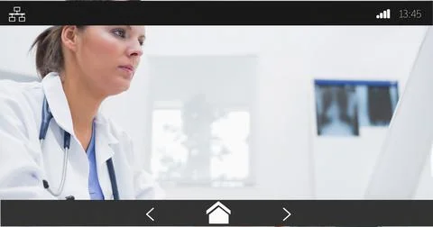 Composition of female doctor using computer on digital image interface screen Stock Photos