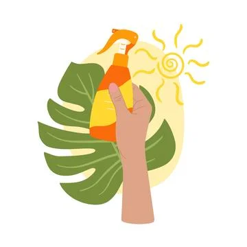 Composition of female hand holds sunscreen spray with sun, monstera leaf an.. Stock Illustration