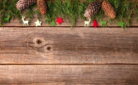 Composition from festive objects of New Year and Christmas on a wooden Stock Photos