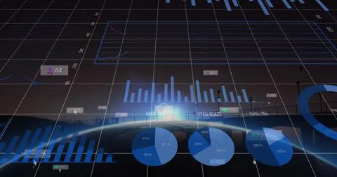 Composition of financial data processing and globe over landscape Ilustração Stock