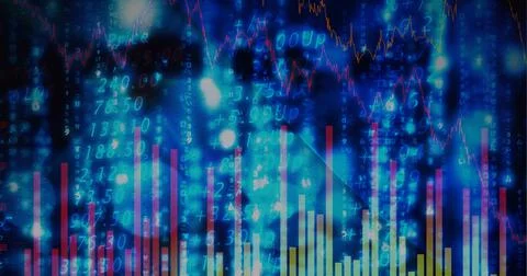 Composition of financial data processing on blue glowing background Stock Illustration