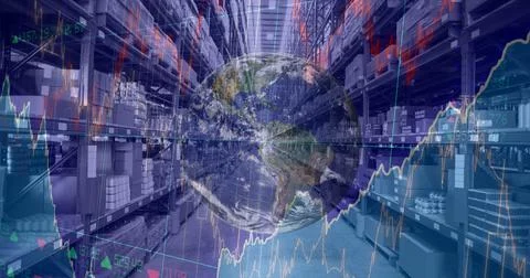 Composition of financial data processing with globe over stacked up shelves in Stock Photos