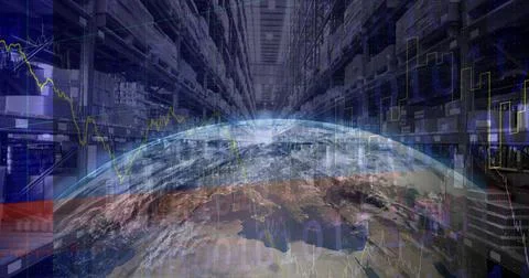 Composition of financial data processing with globe over stacked up shelves in Stock Photos