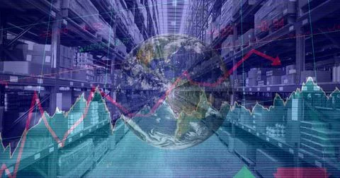 Composition of financial data processing with globe over stacked up shelves in Stock Photos