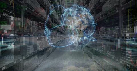 Composition of financial data processing with globe over stacked up shelves in Stock Photos