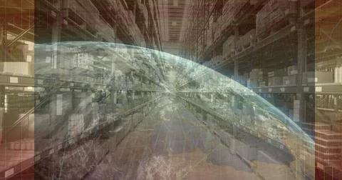 Composition of financial data processing with globe over stacked up shelves in Stock Photos