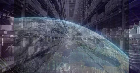 Composition of financial data processing with globe over stacked up shelves in Stock Photos