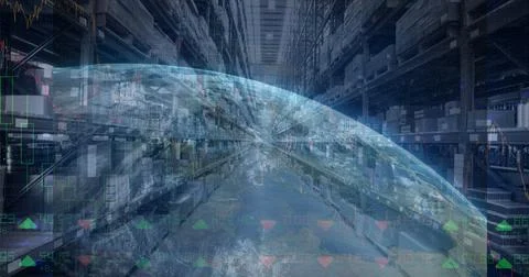 Composition of financial data processing with globe over stacked up shelves in 库存照片