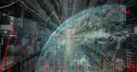 Composition of financial data processing with globe over stacked up shelves in Stock Photos