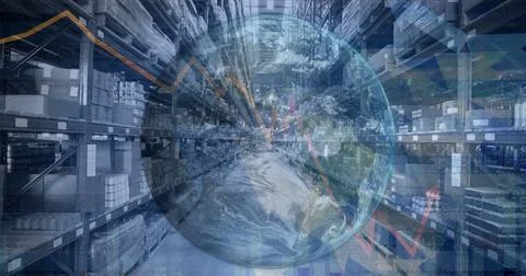 Composition of financial data processing with globe over stacked up shelves in Stock Photos