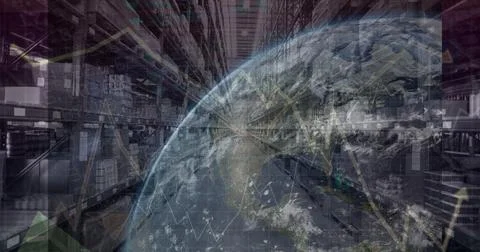 Composition of financial data processing with globe over stacked up shelves in Stock Photos