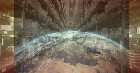 Composition of financial data processing with globe over stacked up shelves in Stock Photos