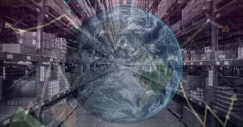 Composition of financial data processing with globe over stacked up shelves in Stock Photos