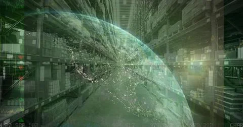 Composition of financial data processing with globe over stacked up shelves in Stock Photos