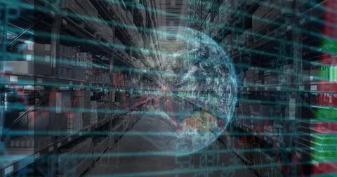 Composition of financial data processing with globe over stacked up shelves in 库存照片